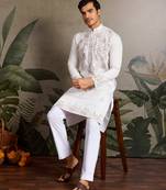 White viscose silk real mirror with thread & sequins embroidered work festival marriage party wear straight mens kurta