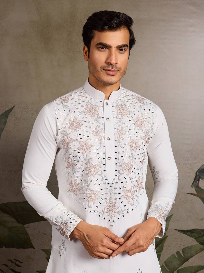 White viscose silk real mirror with thread & sequins embroidered work festival marriage party wear straight mens kurta