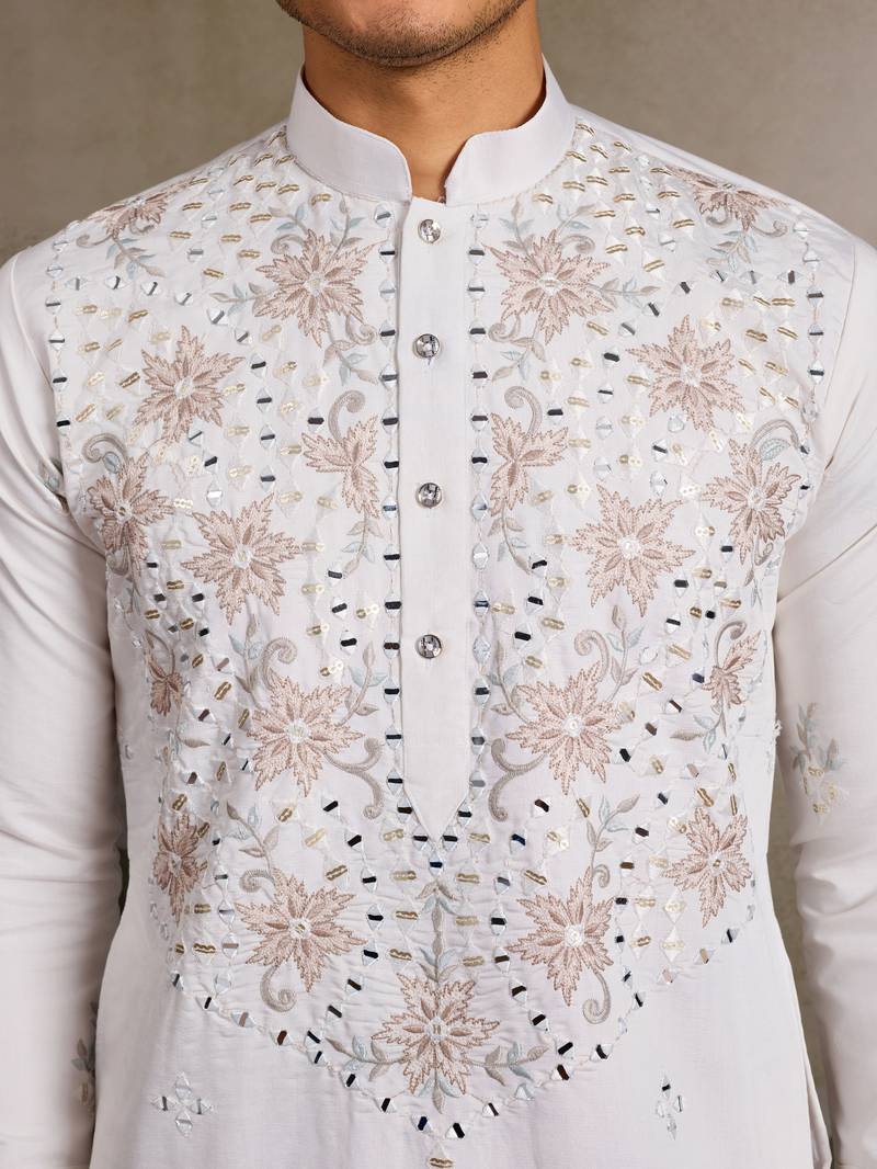White viscose silk real mirror with thread & sequins embroidered work festival marriage party wear straight mens kurta