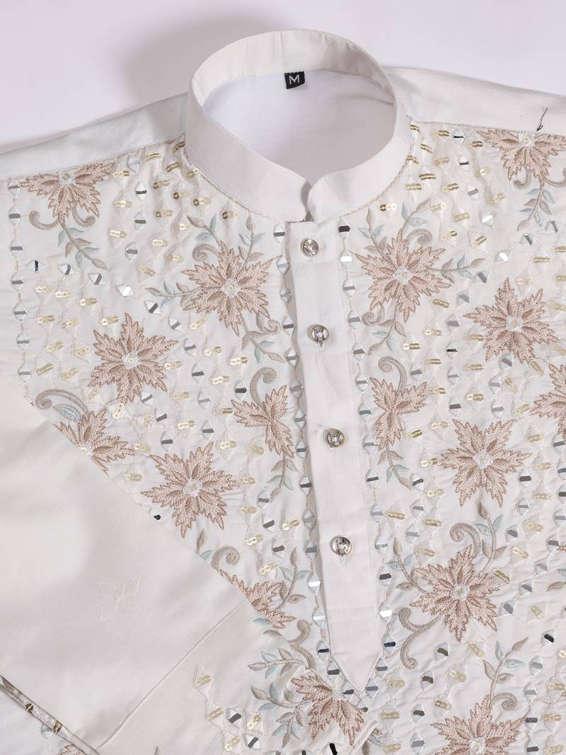 White viscose silk real mirror with thread & sequins embroidered work festival marriage party wear straight mens kurta