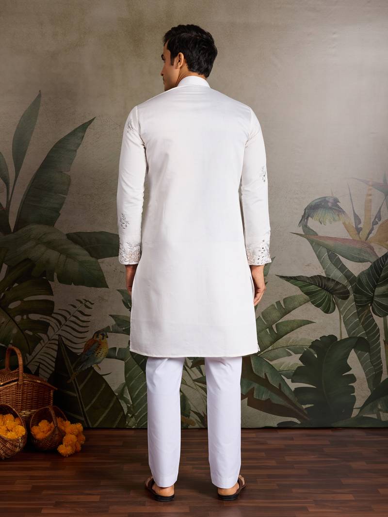 White viscose silk real mirror with thread & sequins embroidered work festival marriage party wear straight mens kurta