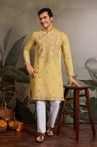 Yellow viscose silk real mirror with thread & sequins embroidered work festival marriage party wear straight mens kurta