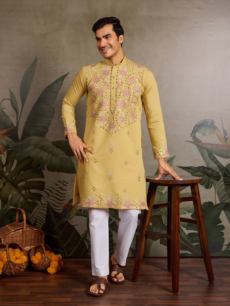 Yellow viscose silk real mirror with thread & sequins embroidered work festival marriage party wear straight mens kurta