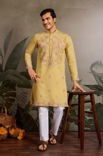 Yellow viscose silk real mirror with thread & sequins embroidered work festival marriage party wear straight mens kurta