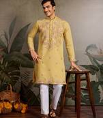 Yellow viscose silk real mirror with thread & sequins embroidered work festival marriage party wear straight mens kurta