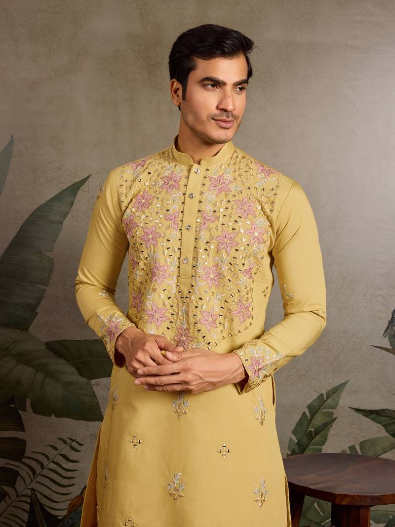 Yellow viscose silk real mirror with thread & sequins embroidered work festival marriage party wear straight mens kurta