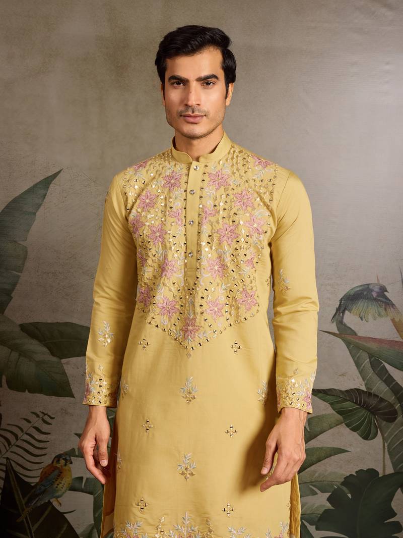 Yellow viscose silk real mirror with thread & sequins embroidered work festival marriage party wear straight mens kurta