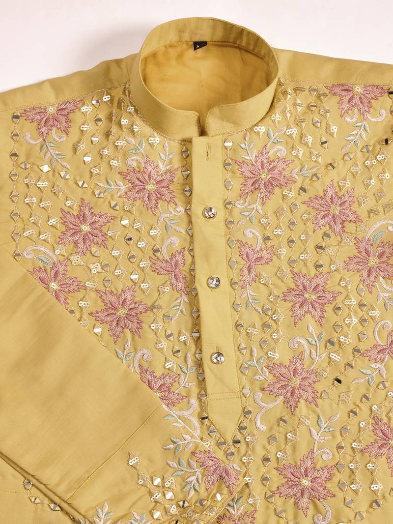 Yellow viscose silk real mirror with thread & sequins embroidered work festival marriage party wear straight mens kurta