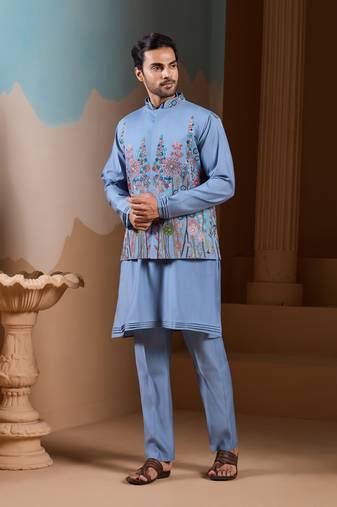 Sky blue silk premium thread & sequins embroidered work wedding festival party wear straight kurta with jacke and pant