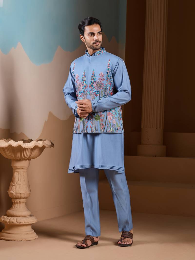 Sky blue silk premium thread & sequins embroidered work wedding festival party wear straight kurta with jacke and pant