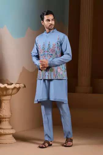 Sky blue silk premium thread & sequins embroidered work wedding festival party wear straight kurta with jacke and pant