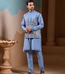 SKY BLUE SILK PREMIUM THREAD & SEQUINS EMBROIDERED WORK WEDDING FESTIVAL PARTY WEAR STRAIGHT KURTA WITH JACKE AND PANT