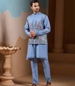 Sky blue silk premium thread & sequins embroidered work wedding festival party wear straight kurta with jacke and pant
