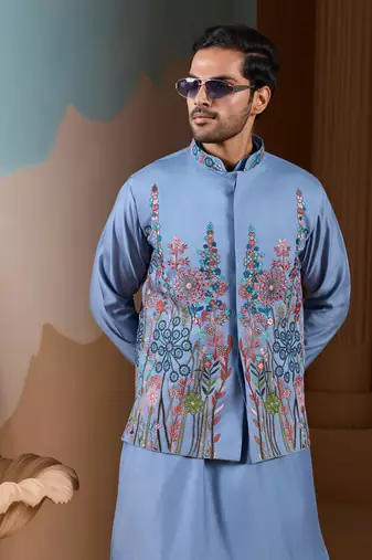 SKY BLUE SILK PREMIUM THREAD & SEQUINS EMBROIDERED WORK WEDDING FESTIVAL PARTY WEAR STRAIGHT KURTA WITH JACKE AND PANT
