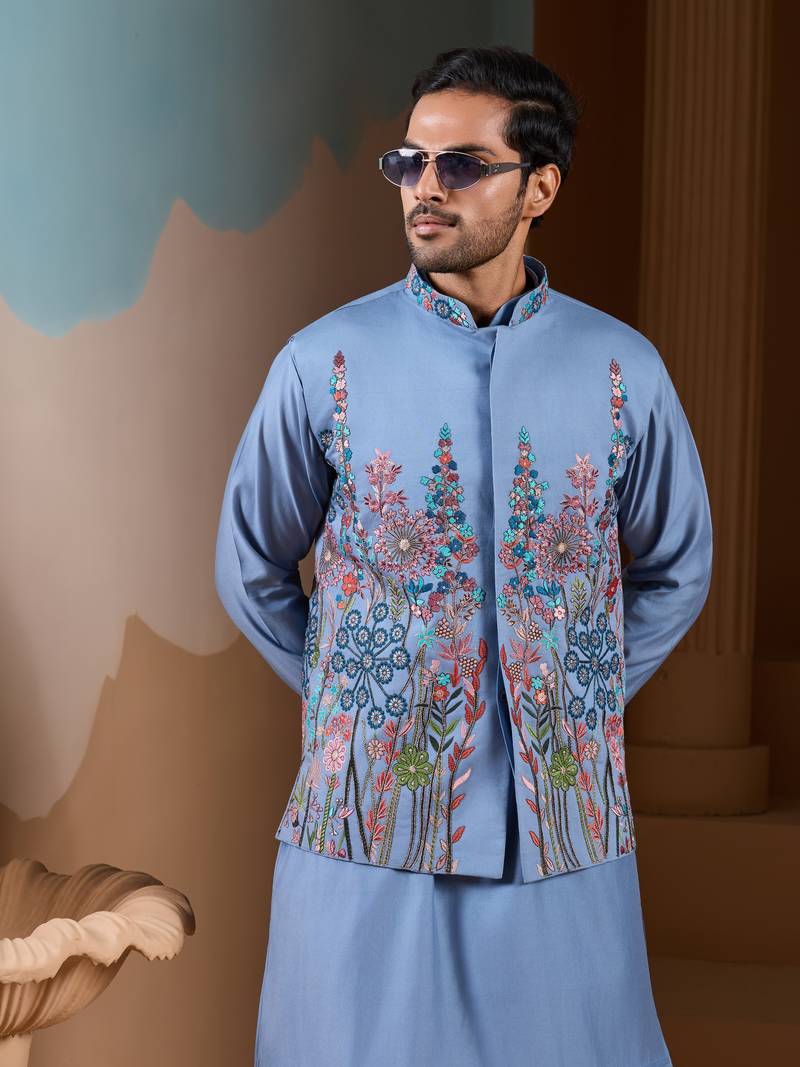 Sky blue silk premium thread & sequins embroidered work wedding festival party wear straight kurta with jacke and pant