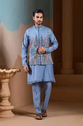 SKY BLUE SILK PREMIUM THREAD & SEQUINS EMBROIDERED WORK WEDDING FESTIVAL PARTY WEAR STRAIGHT KURTA WITH JACKE AND PANT