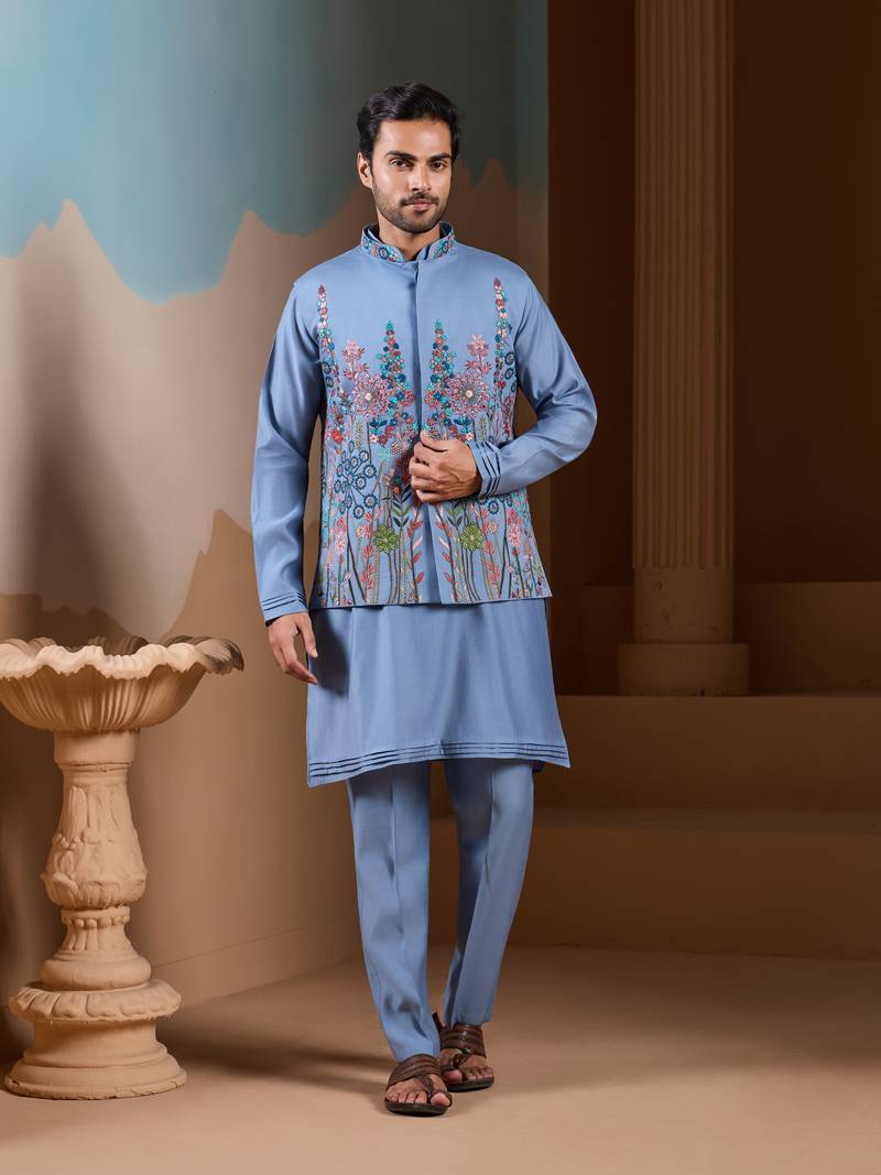 Sky blue silk premium thread & sequins embroidered work wedding festival party wear straight kurta with jacke and pant