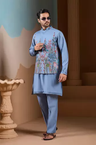 SKY BLUE SILK PREMIUM THREAD & SEQUINS EMBROIDERED WORK WEDDING FESTIVAL PARTY WEAR STRAIGHT KURTA WITH JACKE AND PANT