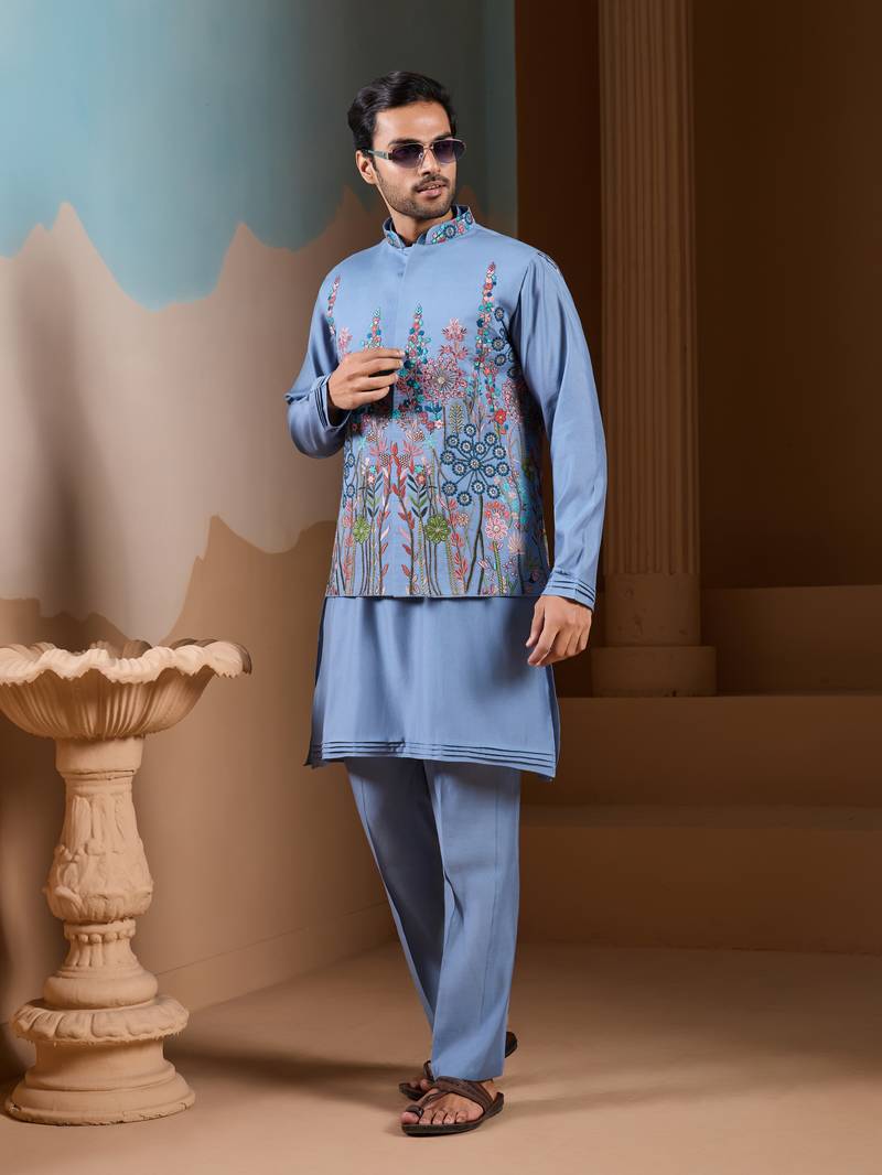 Sky blue silk premium thread & sequins embroidered work wedding festival party wear straight kurta with jacke and pant