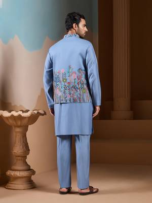 SKY BLUE SILK PREMIUM THREAD & SEQUINS EMBROIDERED WORK WEDDING FESTIVAL PARTY WEAR STRAIGHT KURTA WITH JACKE AND PANT 6