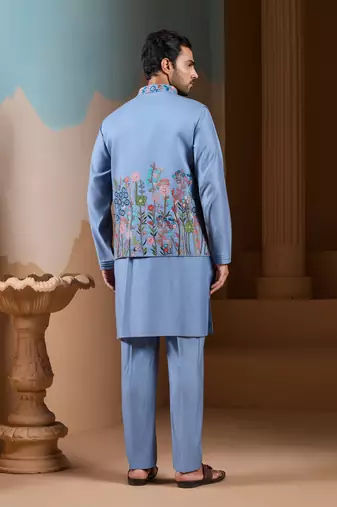 SKY BLUE SILK PREMIUM THREAD & SEQUINS EMBROIDERED WORK WEDDING FESTIVAL PARTY WEAR STRAIGHT KURTA WITH JACKE AND PANT