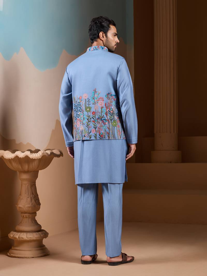 Sky blue silk premium thread & sequins embroidered work wedding festival party wear straight kurta with jacke and pant