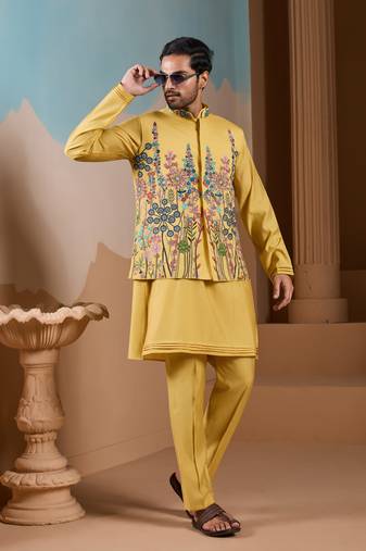 Yellow silk premium thread & sequins embroidered work wedding festival party wear straight kurta with jacke and pant