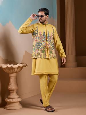 YELLOW SILK PREMIUM THREAD & SEQUINS EMBROIDERED WORK WEDDING FESTIVAL PARTY WEAR STRAIGHT KURTA WITH JACKE AND PANT 1
