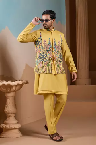 Yellow silk premium thread & sequins embroidered work wedding festival party wear straight kurta with jacke and pant
