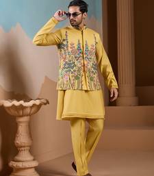 YELLOW SILK PREMIUM THREAD & SEQUINS EMBROIDERED WORK WEDDING FESTIVAL PARTY WEAR STRAIGHT KURTA WITH JACKE AND PANT