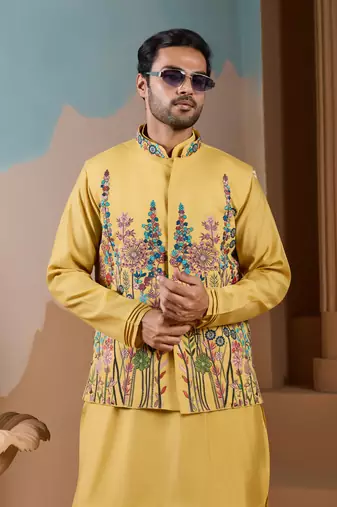 YELLOW SILK PREMIUM THREAD & SEQUINS EMBROIDERED WORK WEDDING FESTIVAL PARTY WEAR STRAIGHT KURTA WITH JACKE AND PANT