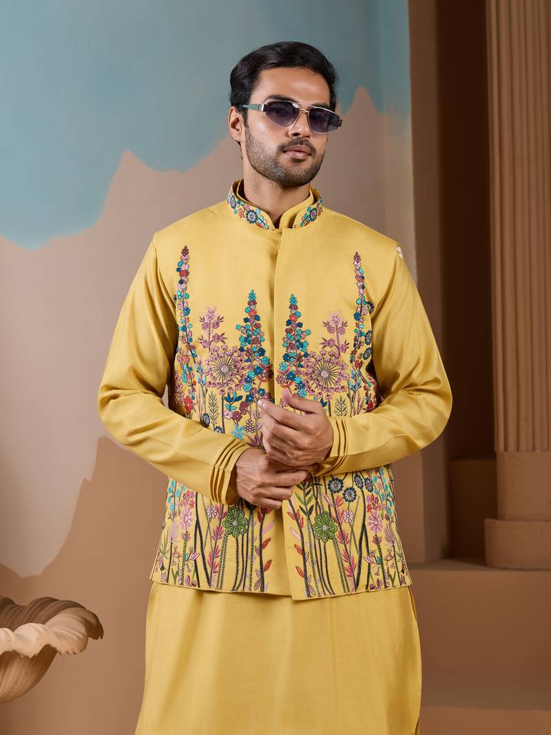 Yellow silk premium thread & sequins embroidered work wedding festival party wear straight kurta with jacke and pant