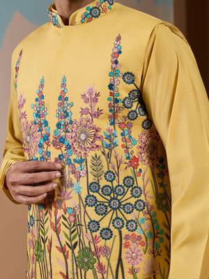 YELLOW SILK PREMIUM THREAD & SEQUINS EMBROIDERED WORK WEDDING FESTIVAL PARTY WEAR STRAIGHT KURTA WITH JACKE AND PANT 4