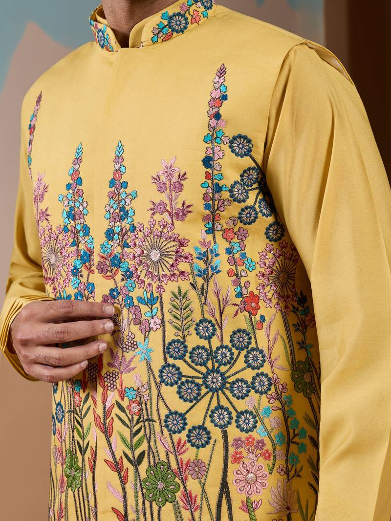 Yellow silk premium thread & sequins embroidered work wedding festival party wear straight kurta with jacke and pant