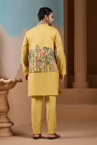 YELLOW SILK PREMIUM THREAD & SEQUINS EMBROIDERED WORK WEDDING FESTIVAL PARTY WEAR STRAIGHT KURTA WITH JACKE AND PANT