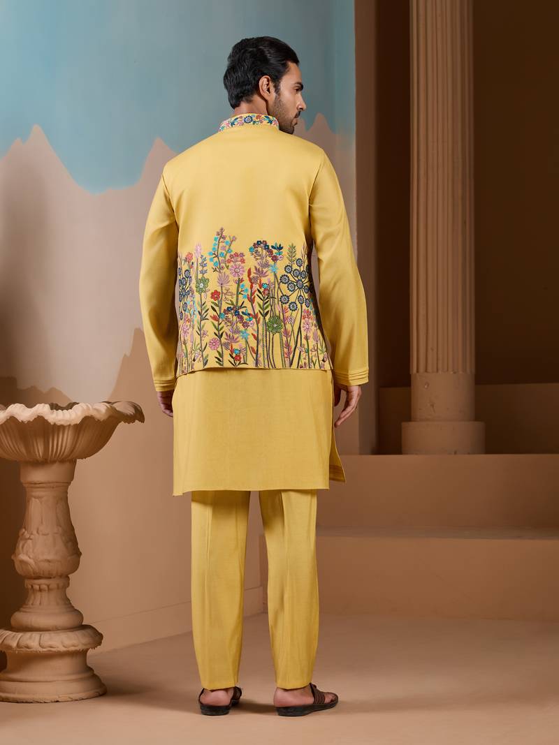Yellow silk premium thread & sequins embroidered work wedding festival party wear straight kurta with jacke and pant