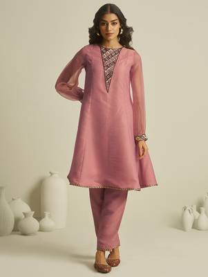 peach tissue geometric hand-work kurta set 1