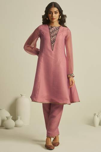 peach tissue geometric hand-work kurta set