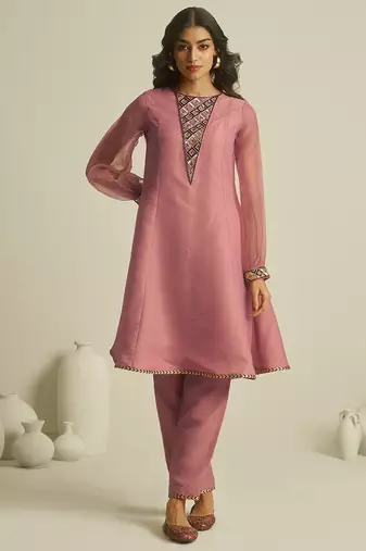peach tissue geometric hand-work kurta set