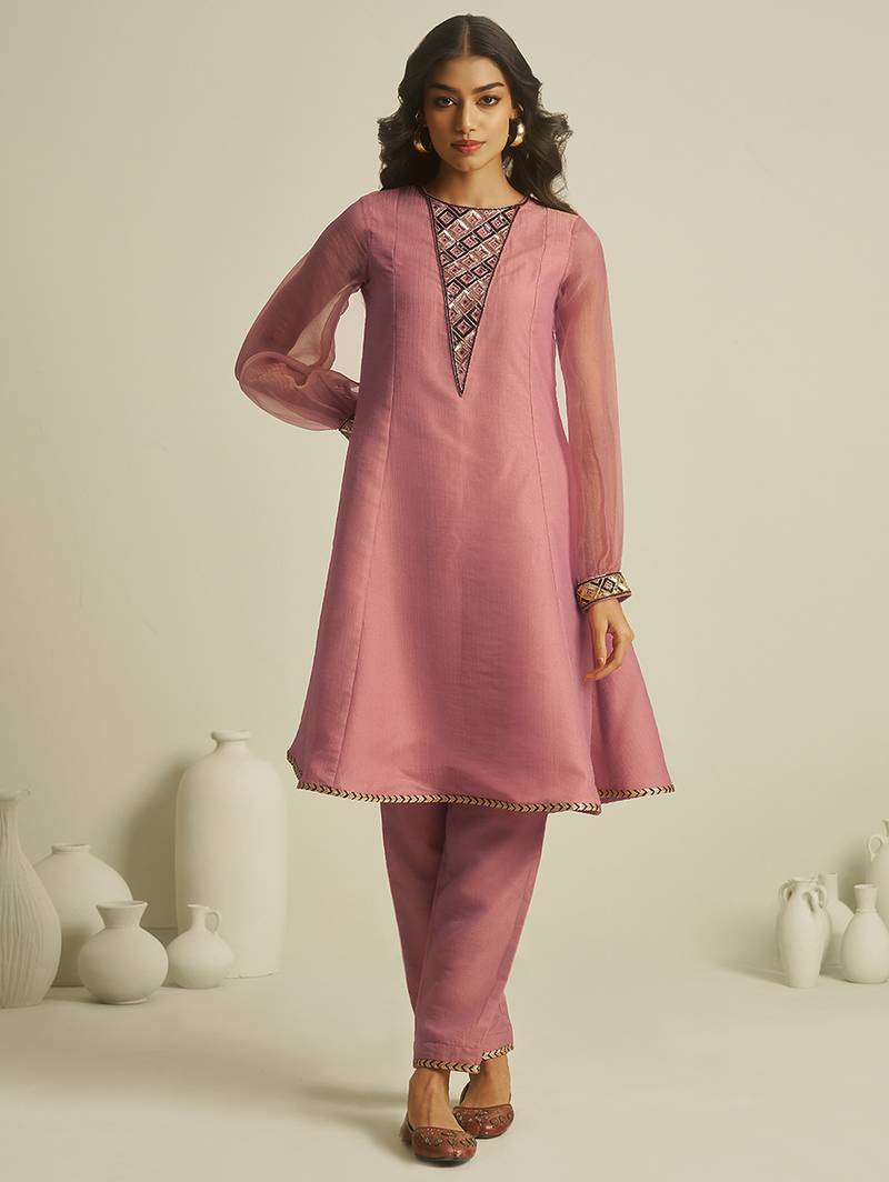peach tissue geometric hand-work kurta set
