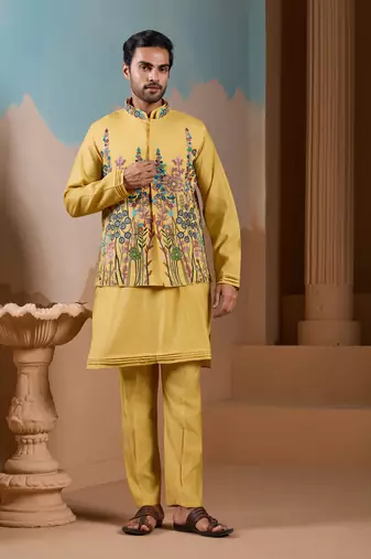 YELLOW SILK PREMIUM THREAD & SEQUINS EMBROIDERED WORK WEDDING FESTIVAL PARTY WEAR STRAIGHT KURTA WITH JACKE AND PANT