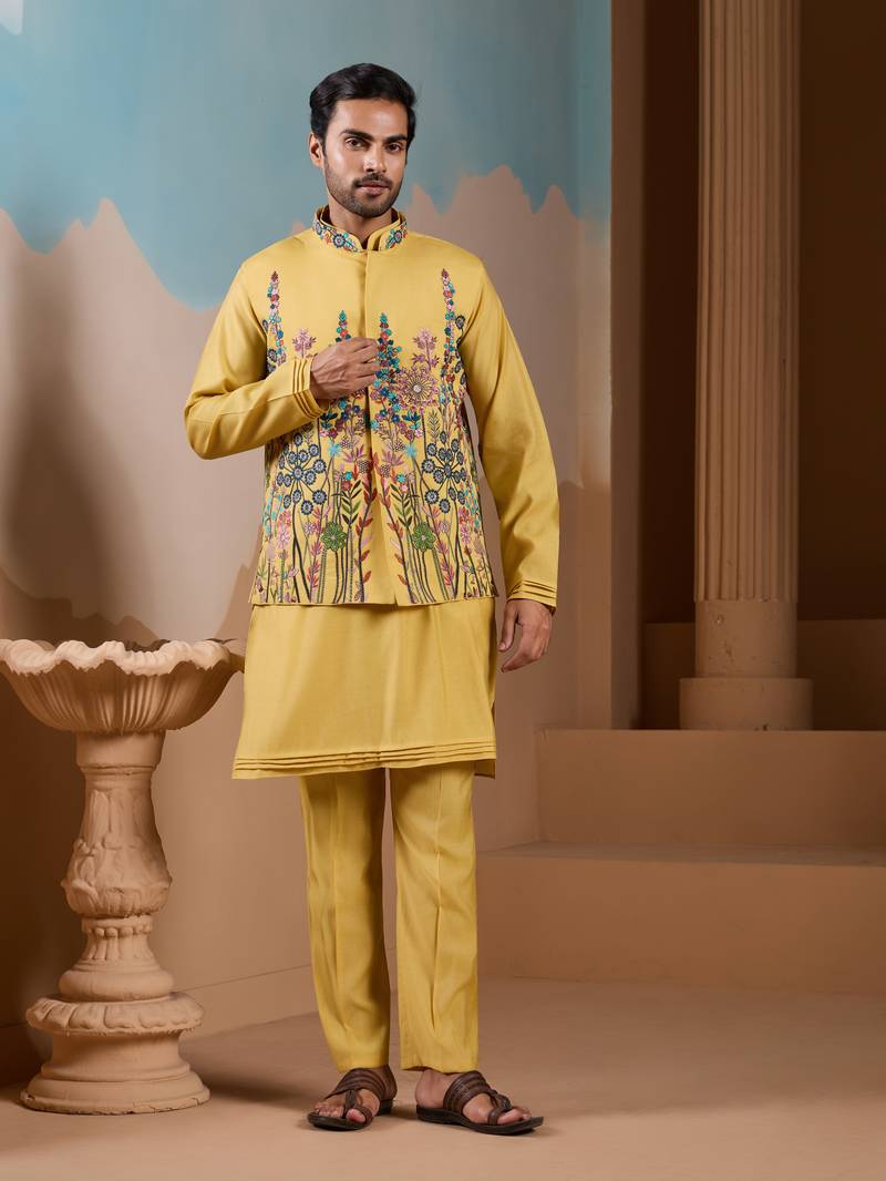 Yellow silk premium thread & sequins embroidered work wedding festival party wear straight kurta with jacke and pant
