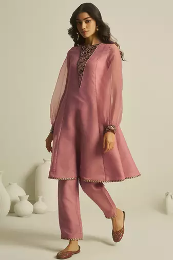 peach tissue geometric hand-work kurta set