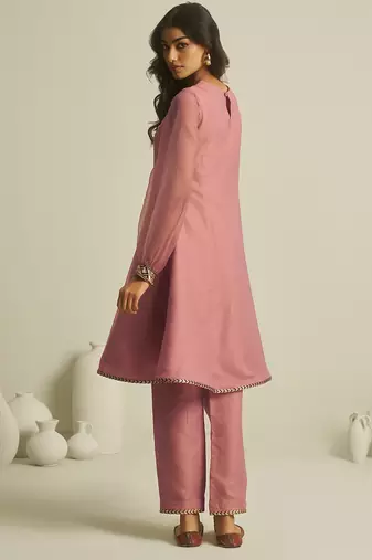 peach tissue geometric hand-work kurta set