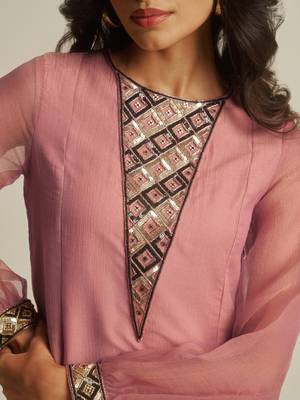 peach tissue geometric hand-work kurta set 4