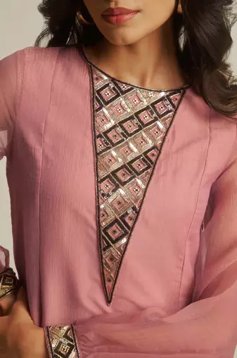 peach tissue geometric hand-work kurta set