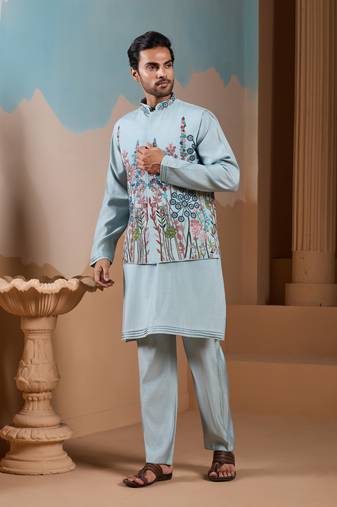 Pista green silk premium thread & sequins embroidered work festival party wear straight kurta with jacke and pant