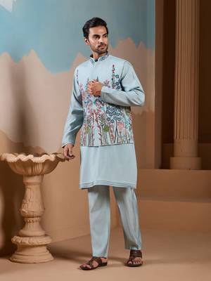 PISTA GREEN SILK PREMIUM THREAD & SEQUINS EMBROIDERED WORK FESTIVAL PARTY WEAR STRAIGHT KURTA WITH JACKE AND PANT 1