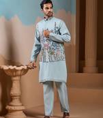 Pista green silk premium thread & sequins embroidered work festival party wear straight kurta with jacke and pant