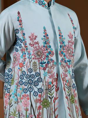 PISTA GREEN SILK PREMIUM THREAD & SEQUINS EMBROIDERED WORK FESTIVAL PARTY WEAR STRAIGHT KURTA WITH JACKE AND PANT 3